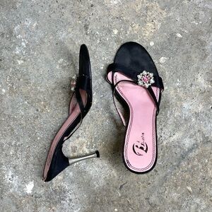 Black Pink Gem Strappy Slipper Heel